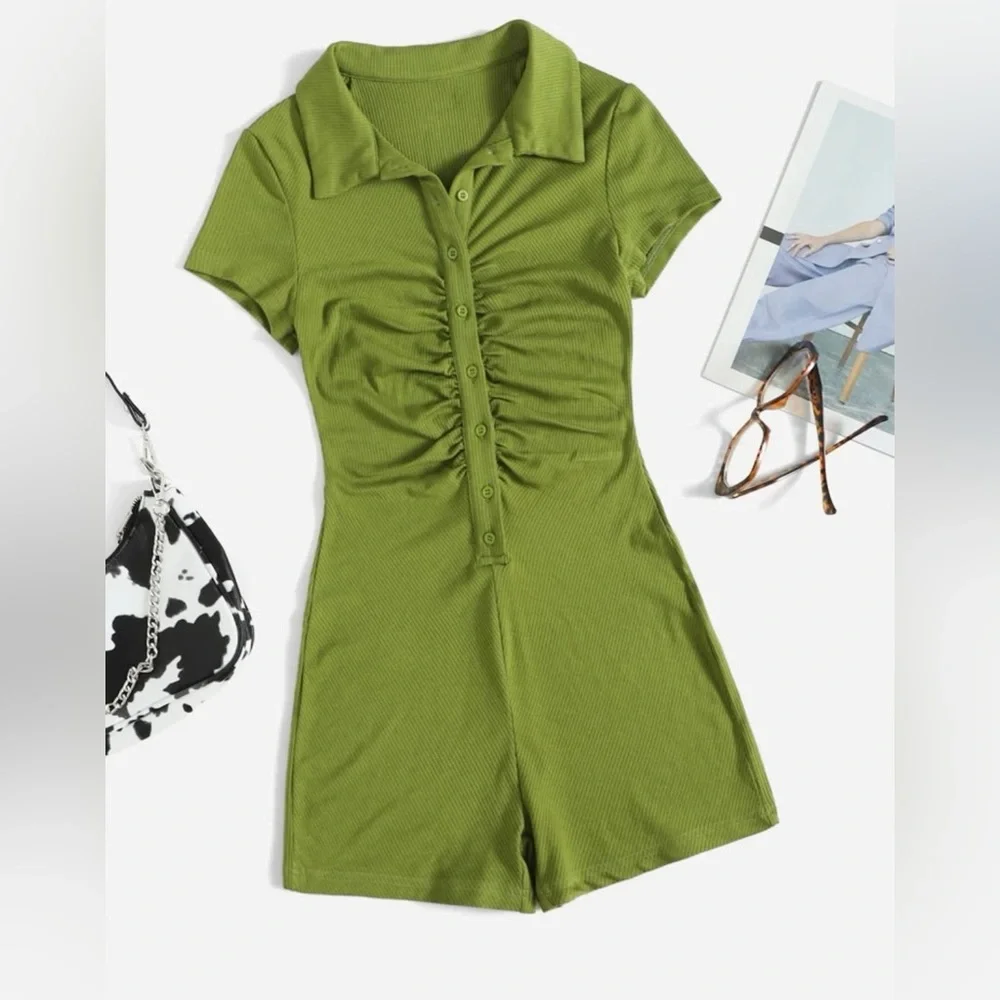 SHEIN Button Placket Ruched Front Rib-knit Solid Romper - Picture 1 of 6